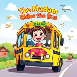 A colorful and whimsical cartoonish book cover for the NCERT class 10 chapter 'The Madam Rides the Bus'