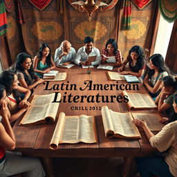 A captivating scene representing Latin American literature, featuring ancient scrolls spread across a rustic wooden table