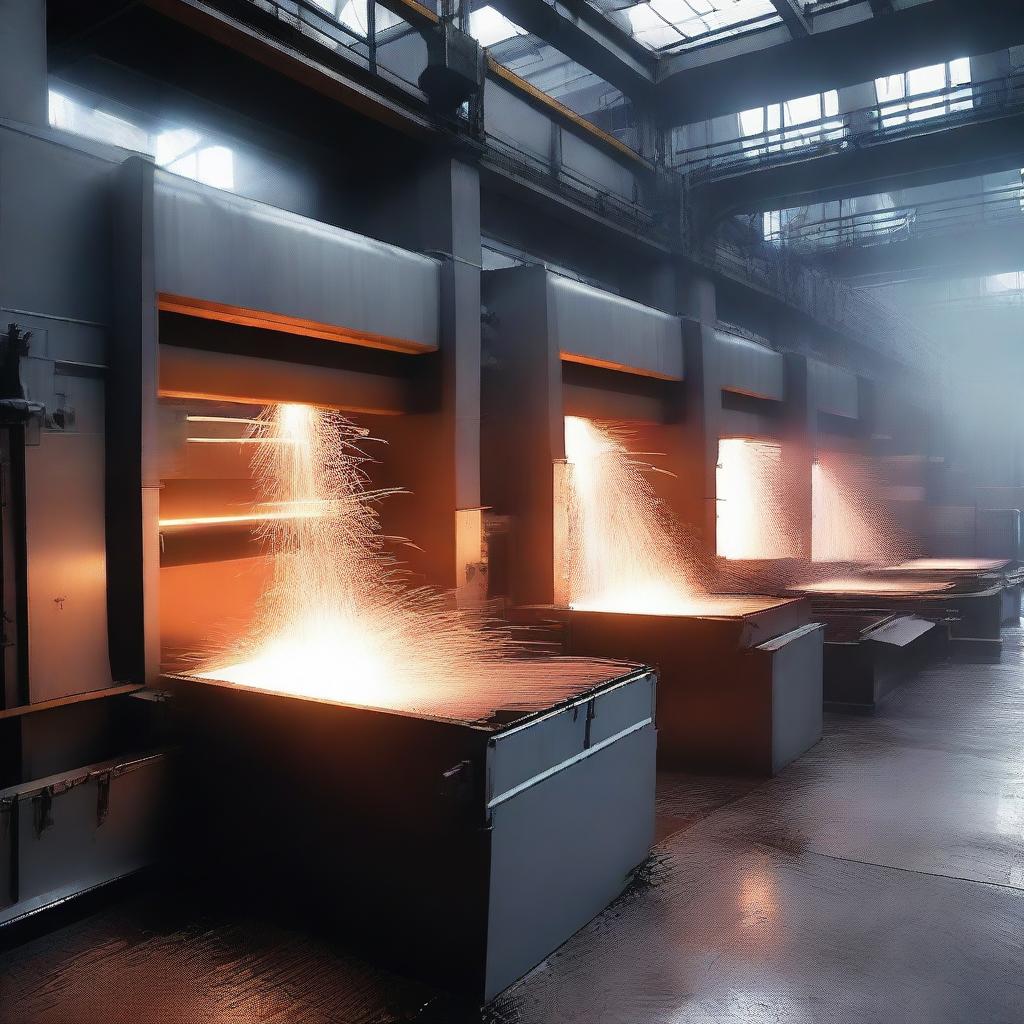 An industrial plate mill in full operation, featuring massive machines rolling heated steel into flat plates