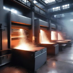 An industrial plate mill in full operation, featuring massive machines rolling heated steel into flat plates