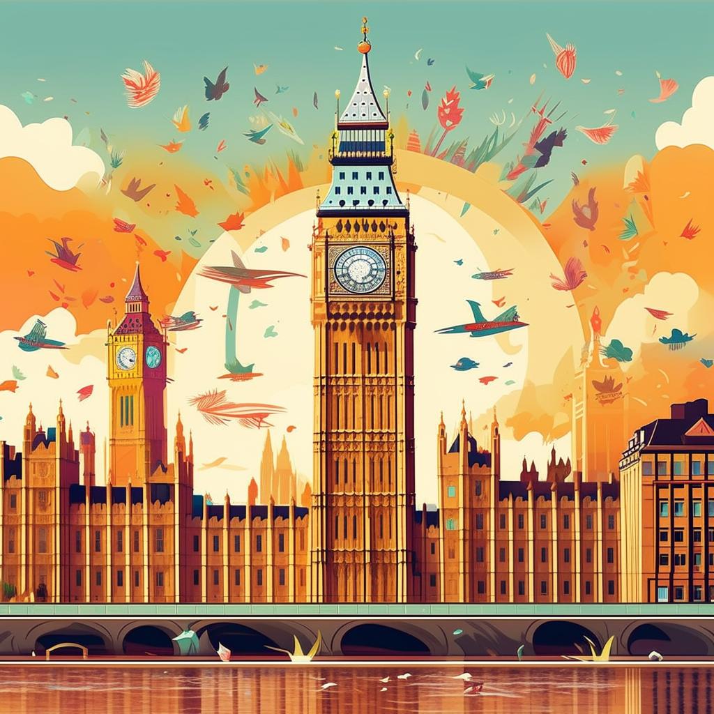 Generate a playful, cartoon-styled visual of the capital city London, featuring the iconic Big Ben and the London Eye.