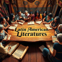 A captivating scene representing Latin American literature, featuring ancient scrolls spread across a rustic wooden table