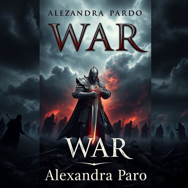 A striking and atmospheric book cover design for 'War' by Alexandra Pardo, following the stylistic cues of the latest 'Pestilence' cover