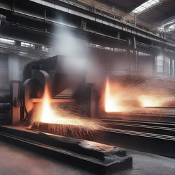 An industrial plate mill in full operation, featuring massive machines rolling heated steel into flat plates