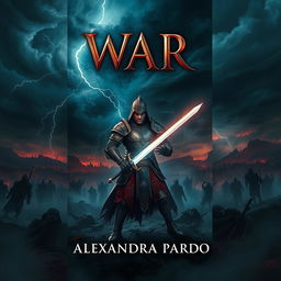 A captivating and dramatic book cover design for 'War' by Alexandra Pardo, inspired by the aesthetic of the 'Pestilence' cover