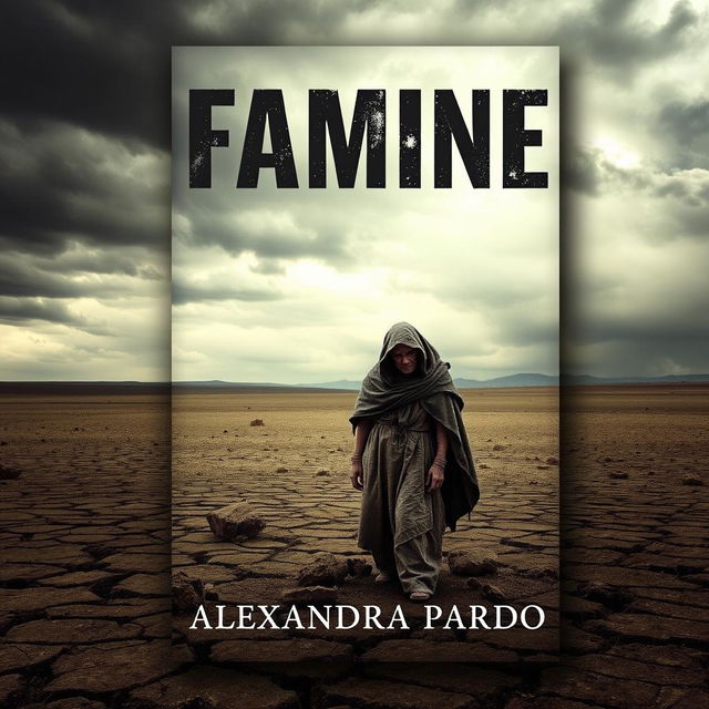 An evocative book cover design for 'Famine' by Alexandra Pardo, portraying a haunting and desolate landscape