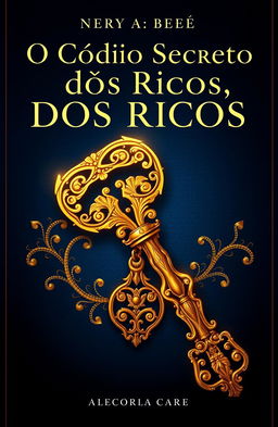An enigmatic and visually stunning book cover design for 'O Código Secreto dos Ricos, O Que Só Eles Sabem', featuring a luxurious golden key intertwined with intricate patterns symbolizing wealth and secrets
