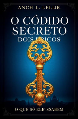 An enigmatic and visually stunning book cover design for 'O Código Secreto dos Ricos, O Que Só Eles Sabem', featuring a luxurious golden key intertwined with intricate patterns symbolizing wealth and secrets