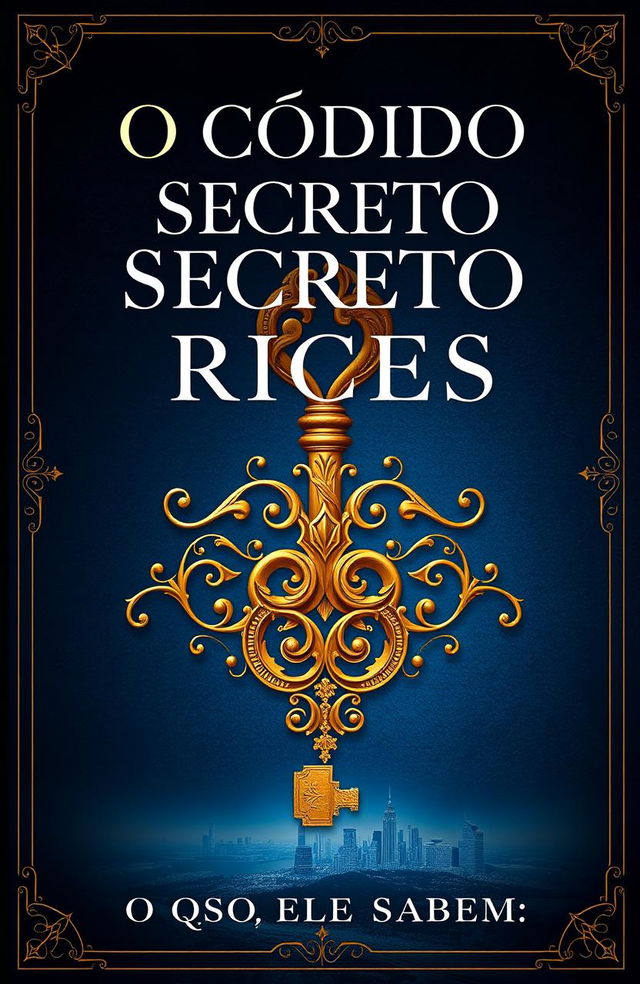 An enigmatic and visually stunning book cover design for 'O Código Secreto dos Ricos, O Que Só Eles Sabem', featuring a luxurious golden key intertwined with intricate patterns symbolizing wealth and secrets