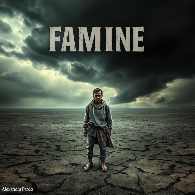 An evocative book cover design for 'Famine' by Alexandra Pardo, depicting a stark and haunting landscape