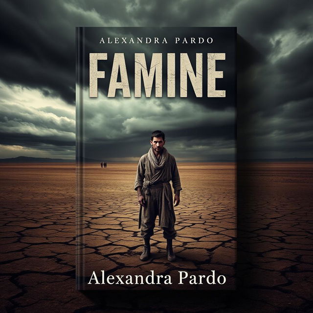 A striking book cover design for 'Famine' by Alexandra Pardo, showcasing a haunting and desolate landscape that captures the essence of hardship