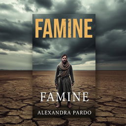 A striking book cover design for 'Famine' by Alexandra Pardo, showcasing a haunting and desolate landscape that captures the essence of hardship