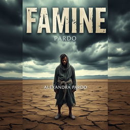 A striking book cover design for 'Famine' by Alexandra Pardo, showcasing a haunting and desolate landscape that captures the essence of hardship