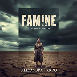 A striking book cover design for 'Famine' by Alexandra Pardo, showcasing a haunting and desolate landscape that captures the essence of hardship