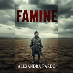 A haunting book cover design for 'Famine' by Alexandra Pardo, illustrating a stark and barren landscape that evokes a sense of desolation