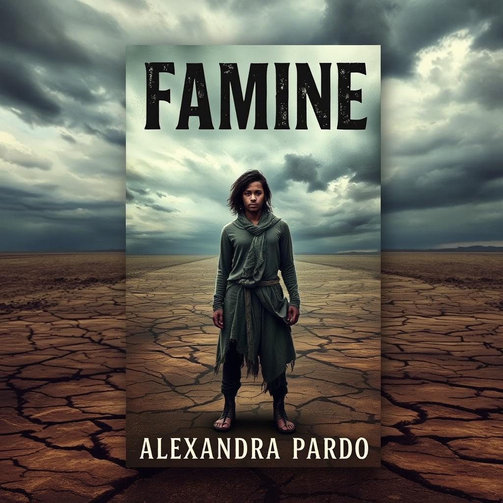 A haunting book cover design for 'Famine' by Alexandra Pardo, illustrating a stark and barren landscape that evokes a sense of desolation