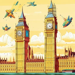 Generate a playful, cartoon-styled visual of the capital city London, featuring the iconic Big Ben and the London Eye.