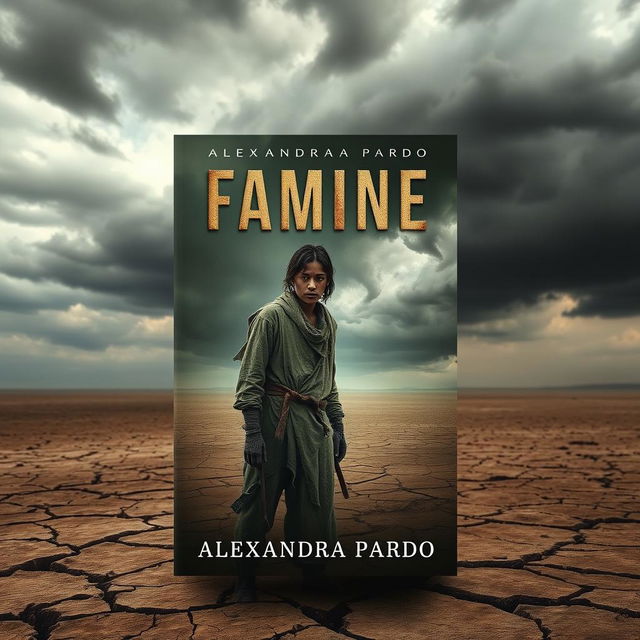 A haunting book cover design for 'Famine' by Alexandra Pardo, illustrating a stark and barren landscape that evokes a sense of desolation