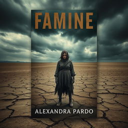 A haunting book cover design for 'Famine' by Alexandra Pardo, illustrating a stark and barren landscape that evokes a sense of desolation
