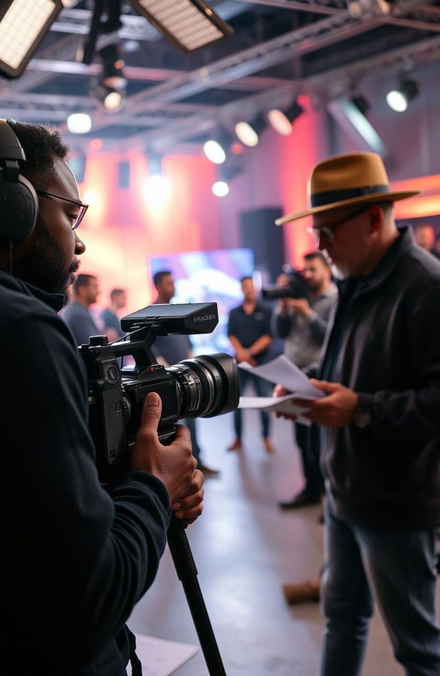 A black video cameraman intensely focused on operating a professional video camera, capturing dynamic footage on a film set