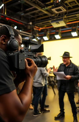A black video cameraman intensely focused on operating a professional video camera, capturing dynamic footage on a film set