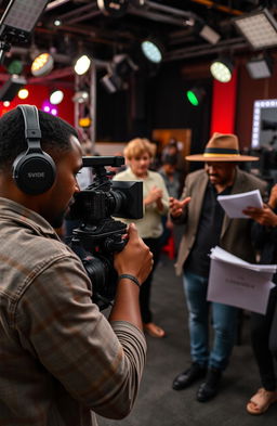 A black video cameraman intensely focused on operating a professional video camera, capturing dynamic footage on a film set