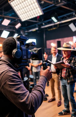 A black video cameraman intensely focused on operating a professional video camera, capturing dynamic footage on a film set