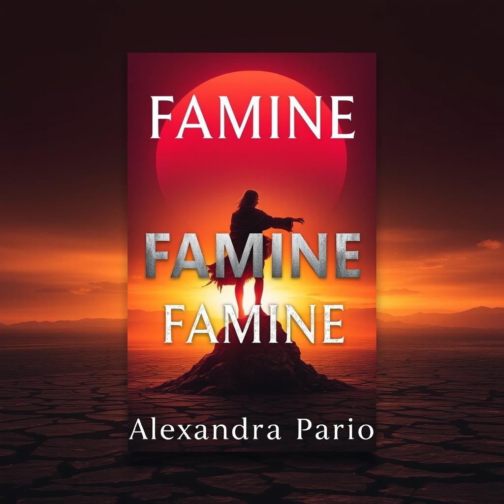 A captivating book cover design for 'Famine' by Alexandra Pardo, featuring a surreal depiction of a barren wasteland