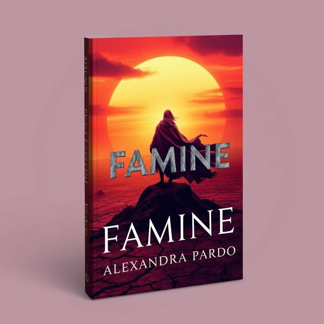 A captivating book cover design for 'Famine' by Alexandra Pardo, featuring a surreal depiction of a barren wasteland