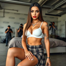 A 22-year-old Hispanic woman with long, straight brunette hair and prominent tattoos