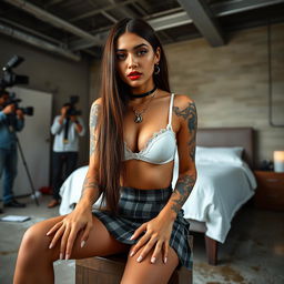 A 22-year-old Hispanic woman with long, straight brunette hair and prominent tattoos