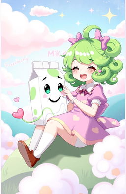 A fantasy illustration of a whimsical character named Freenbecky, who has vibrant green hair styled in playful curls, wearing a colorful outfit adorned with milk-themed patterns