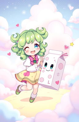 A fantasy illustration of a whimsical character named Freenbecky, who has vibrant green hair styled in playful curls, wearing a colorful outfit adorned with milk-themed patterns