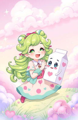 A fantasy illustration of a whimsical character named Freenbecky, who has vibrant green hair styled in playful curls, wearing a colorful outfit adorned with milk-themed patterns
