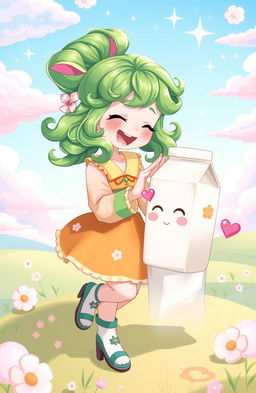 A fantasy illustration of a whimsical character named Freenbecky, who has vibrant green hair styled in playful curls, wearing a colorful outfit adorned with milk-themed patterns