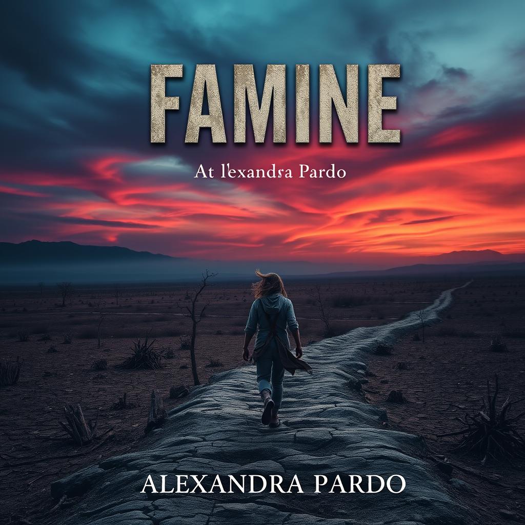 An evocative book cover design for 'Famine' by Alexandra Pardo, featuring a desolate and barren landscape that conveys a powerful emotional impact