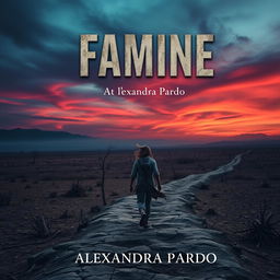 An evocative book cover design for 'Famine' by Alexandra Pardo, featuring a desolate and barren landscape that conveys a powerful emotional impact