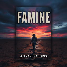 An evocative book cover design for 'Famine' by Alexandra Pardo, featuring a desolate and barren landscape that conveys a powerful emotional impact
