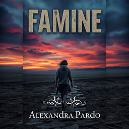 An evocative book cover design for 'Famine' by Alexandra Pardo, featuring a desolate and barren landscape that conveys a powerful emotional impact