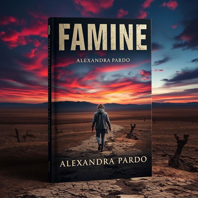 An evocative book cover design for 'Famine' by Alexandra Pardo, featuring a desolate and barren landscape that conveys a powerful emotional impact