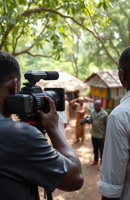 A scene showcasing a black cameraman professionally operating a video camera in an African village, capturing the vibrant culture and scenery