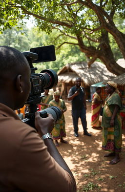 A scene showcasing a black cameraman professionally operating a video camera in an African village, capturing the vibrant culture and scenery