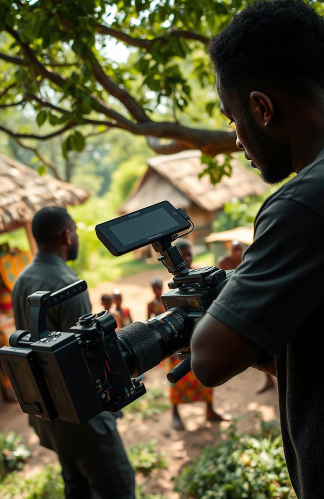 A scene showcasing a black cameraman professionally operating a video camera in an African village, capturing the vibrant culture and scenery