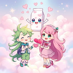 A vibrant and enchanting illustration featuring two characters: Freen, a whimsical character with flowing green hair and a playful outfit, and Becky, a charming character with bright pink hair and a cheerful expression, dressed in pastel colors
