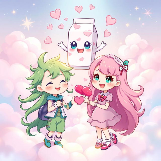 A vibrant and enchanting illustration featuring two characters: Freen, a whimsical character with flowing green hair and a playful outfit, and Becky, a charming character with bright pink hair and a cheerful expression, dressed in pastel colors