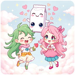 A vibrant and enchanting illustration featuring two characters: Freen, a whimsical character with flowing green hair and a playful outfit, and Becky, a charming character with bright pink hair and a cheerful expression, dressed in pastel colors