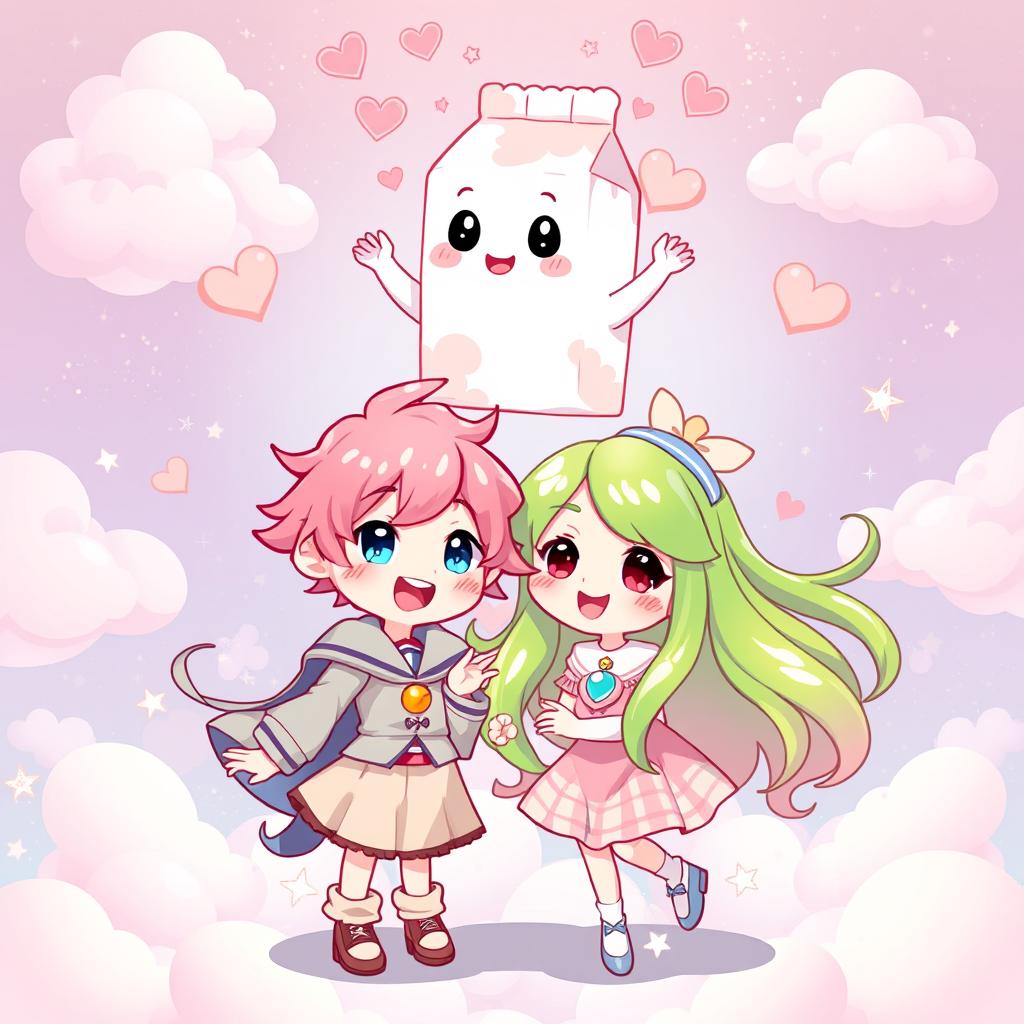 A vibrant and enchanting illustration featuring two characters: Freen, a whimsical character with flowing green hair and a playful outfit, and Becky, a charming character with bright pink hair and a cheerful expression, dressed in pastel colors