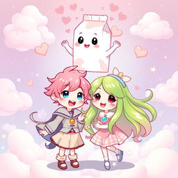 A vibrant and enchanting illustration featuring two characters: Freen, a whimsical character with flowing green hair and a playful outfit, and Becky, a charming character with bright pink hair and a cheerful expression, dressed in pastel colors