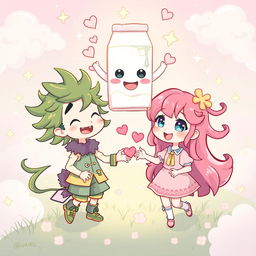 A vibrant and enchanting illustration featuring two characters: Freen, a whimsical character with flowing green hair and a playful outfit, and Becky, a charming character with bright pink hair and a cheerful expression, dressed in pastel colors