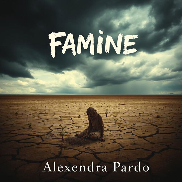 An evocative book cover design for 'Famine' by Alexandra Pardo, featuring a striking contrast between life and desolation